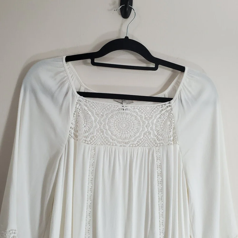S Joie Square Neck White Peasant Dress Crochet Lace Trim Long Sleeve Mini Short